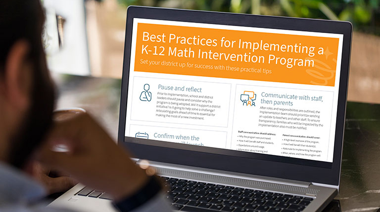 Best practices for K-12 math intervention program implementation shown on a laptop